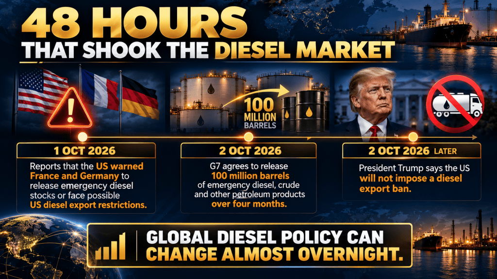Timeline showing the rapid shift in United States diesel policy pressure and the coordinated G7 release of emergency fuel stocks over 1 and 2 October 2026.