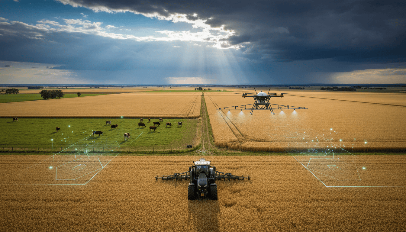 Australian cropping and livestock landscape with digital crop-analysis overlays and precision farm technology