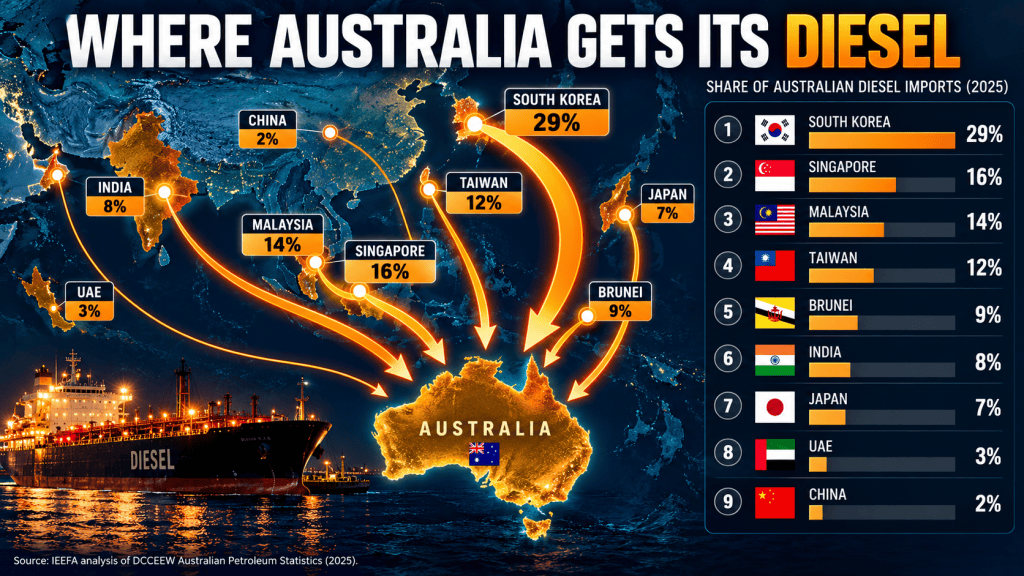 Map showing Australia's major diesel import sources in Asia and the Middle East, led by South Korea, Singapore, Malaysia and Taiwan.