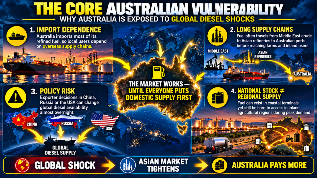 Infographic explaining Australia's diesel vulnerability through import dependence, long supply chains, overseas policy risk and regional distribution constraints.