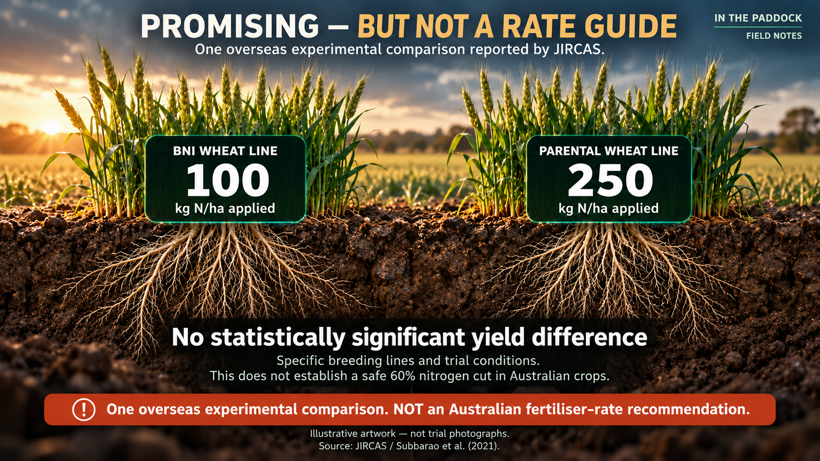 Illustrative comparison of experimental BNI wheat at 100 kg N/ha and parental wheat at 250 kg N/ha; not an Australian rate recommendation.