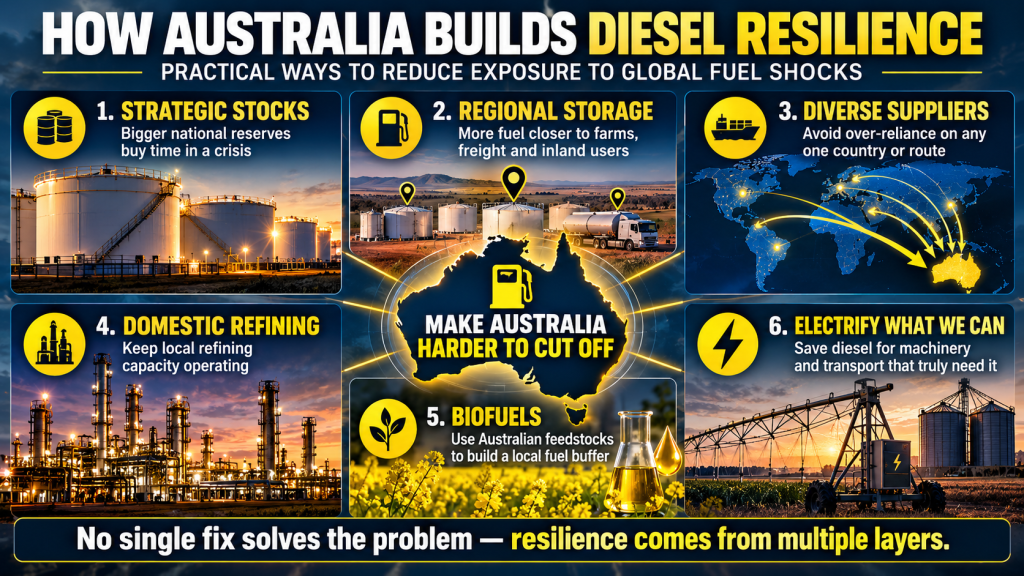 Infographic summarising six layers of Australian diesel resilience: strategic stocks, regional storage, diverse suppliers, domestic refining, biofuels and electrification.