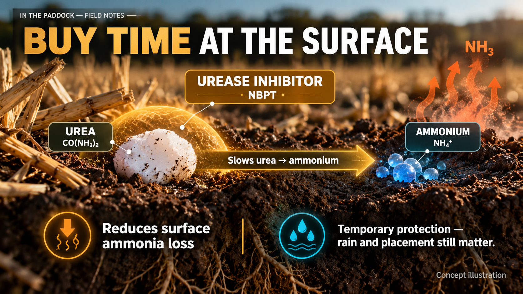 NBPT urease inhibitor slows urea hydrolysis and temporarily reduces surface ammonia loss.