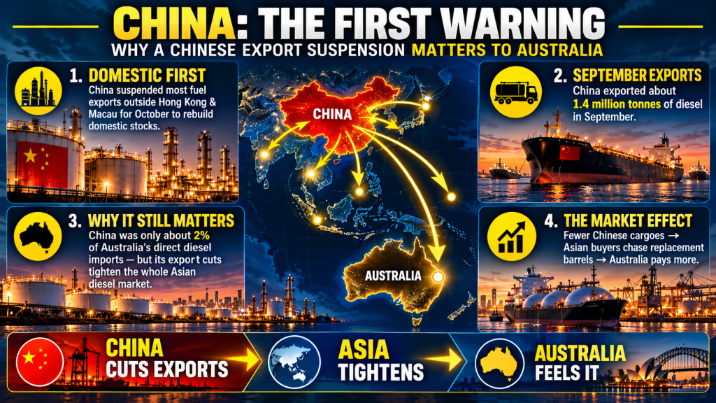 Infographic explaining why China's October fuel export suspension matters to Australia even though China is a small direct supplier of Australian diesel.