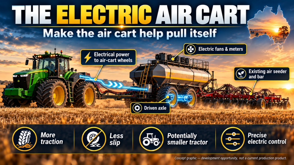 Concept graphic showing an electrically driven air cart with powered axles, electric fans and meters, connected to a high-voltage tractor.