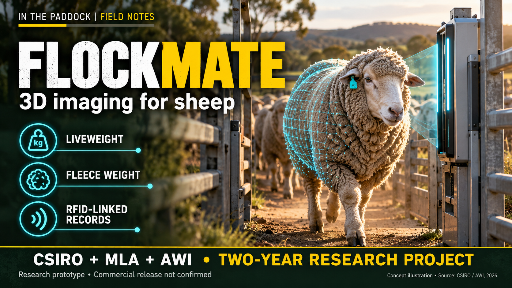 Illustrated sheep with 3D scanning overlay and liveweight, fleece weight and RFID labels.