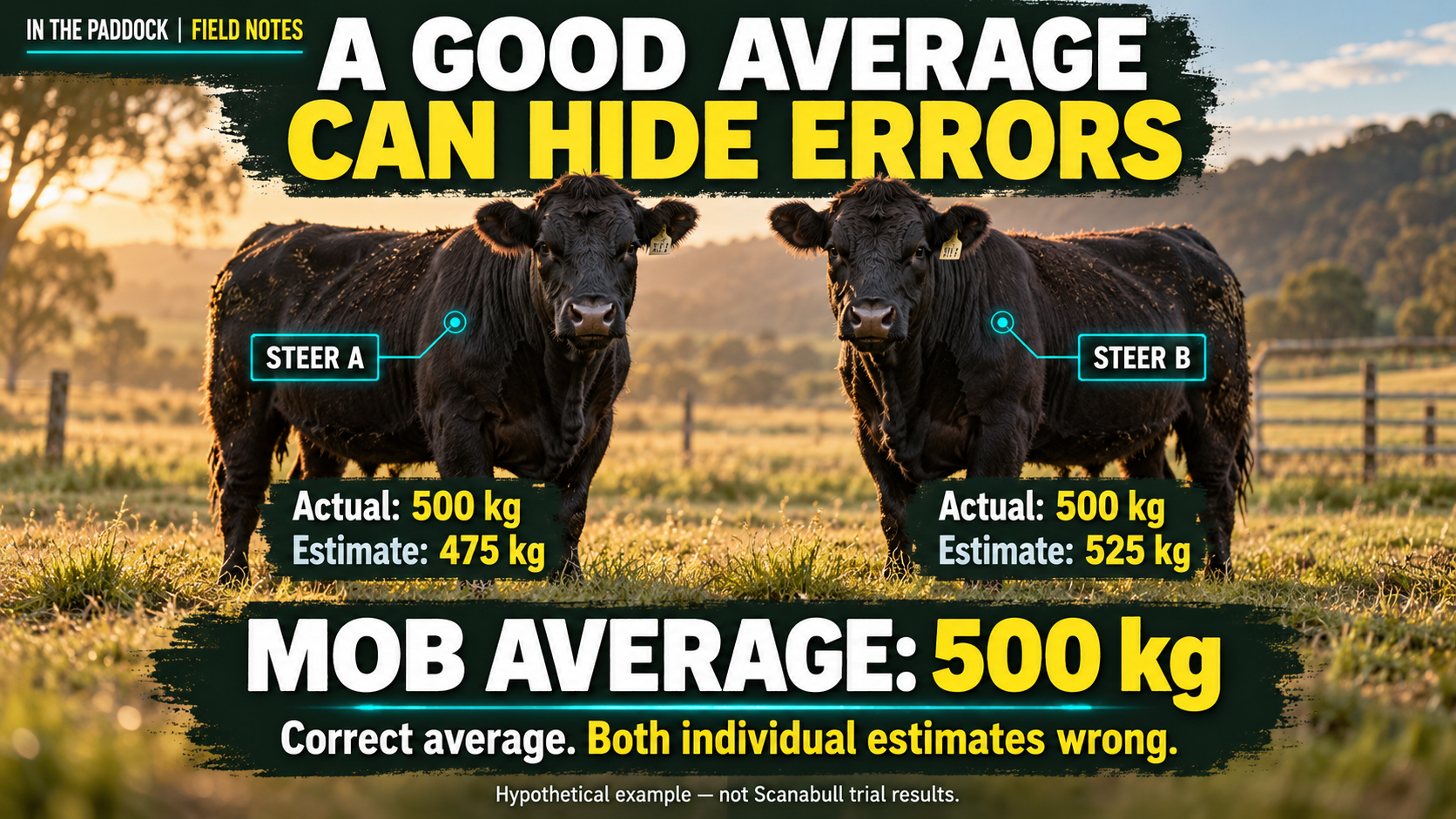 Two 500 kg steers estimated at 475 and 525 kg illustrate cancelling errors.