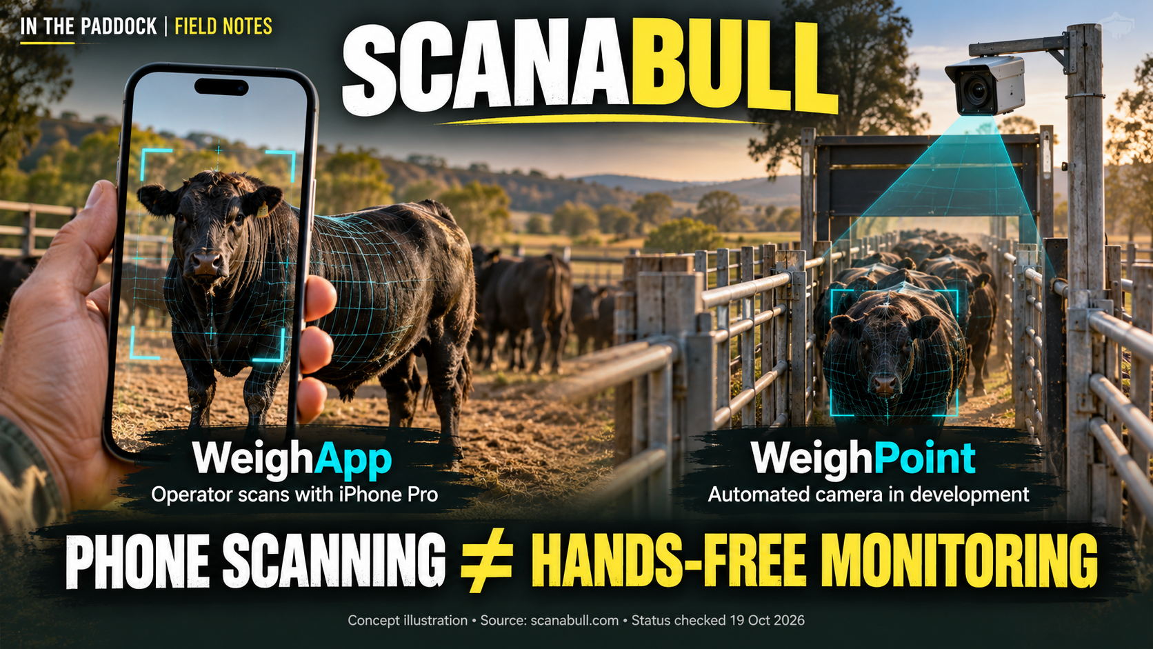 Concept comparison of operator-held phone scanning and a proposed automated cattle camera.