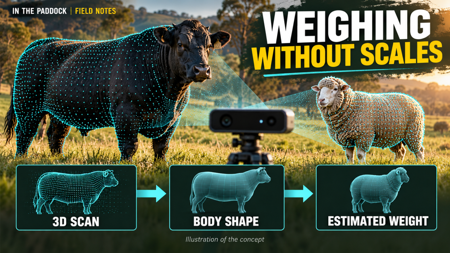 Concept illustration of cattle and sheep with 3D scanning overlays.