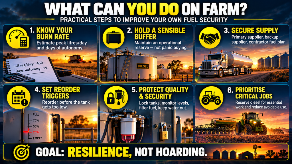 Infographic showing six practical farm fuel-security steps: know burn rate, keep a sensible buffer, secure suppliers, set reorder triggers, protect fuel quality and prioritise critical jobs.