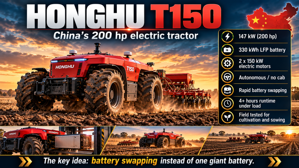 Honghu T150 electric tractor infographic showing 200 hp class, 330 kWh LFP battery, autonomy and rapid battery swapping.