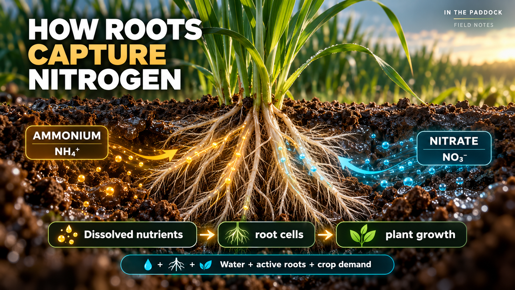 Roots absorb both dissolved ammonium and nitrate to support plant growth.