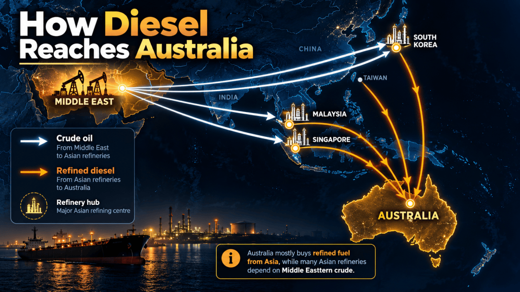 Map tracing Middle Eastern crude to major Asian refineries and refined diesel onward to Australia.