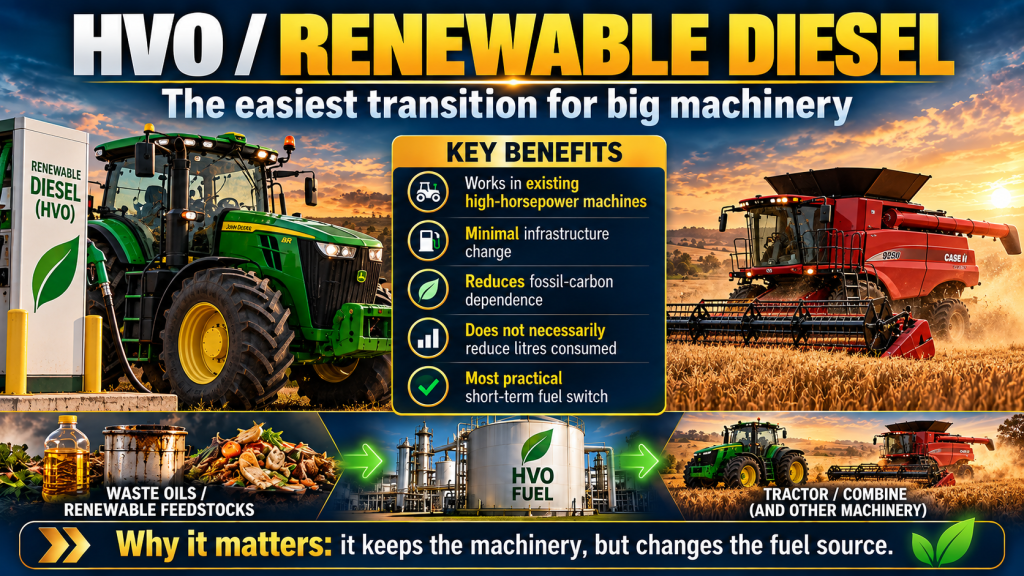 Infographic showing HVO renewable diesel made from waste oils and renewable feedstocks powering existing high-horsepower tractors and combines.