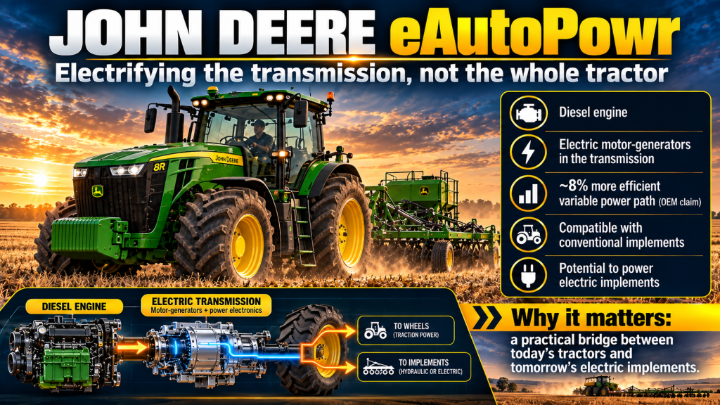 John Deere eAutoPowr infographic showing electric motor-generators replacing the hydrostatic transmission path and potential power export to implements.