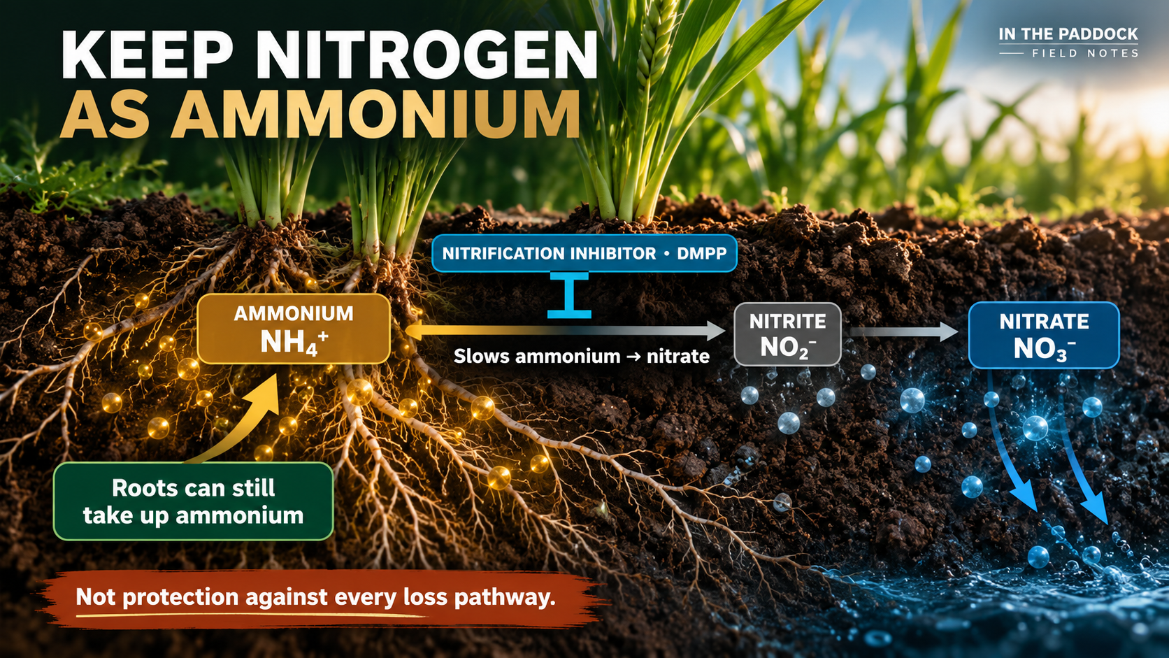 DMPP nitrification inhibitor slows ammonium oxidation; roots can still absorb ammonium.