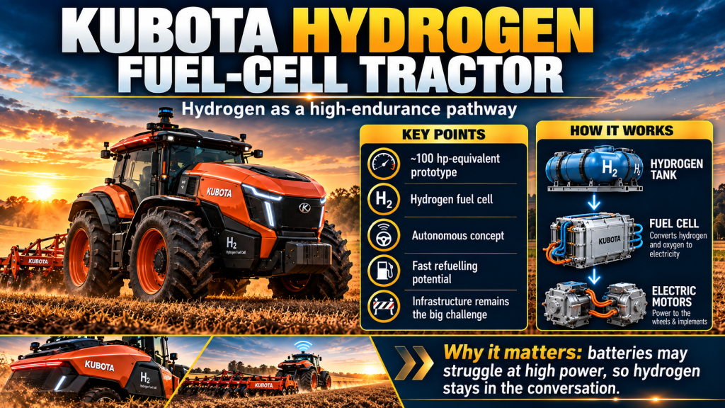 Kubota hydrogen fuel-cell tractor infographic showing hydrogen storage, fuel cell electricity generation and electric traction motors.