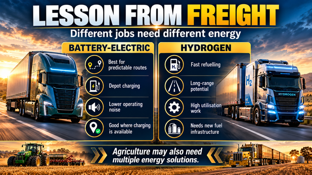 Infographic comparing battery-electric and hydrogen heavy freight and explaining why different jobs may need different energy sources.
