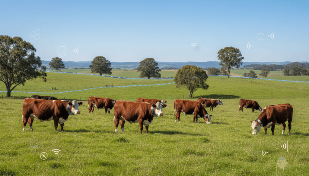 Illustration of GPS collars on grazing cattle