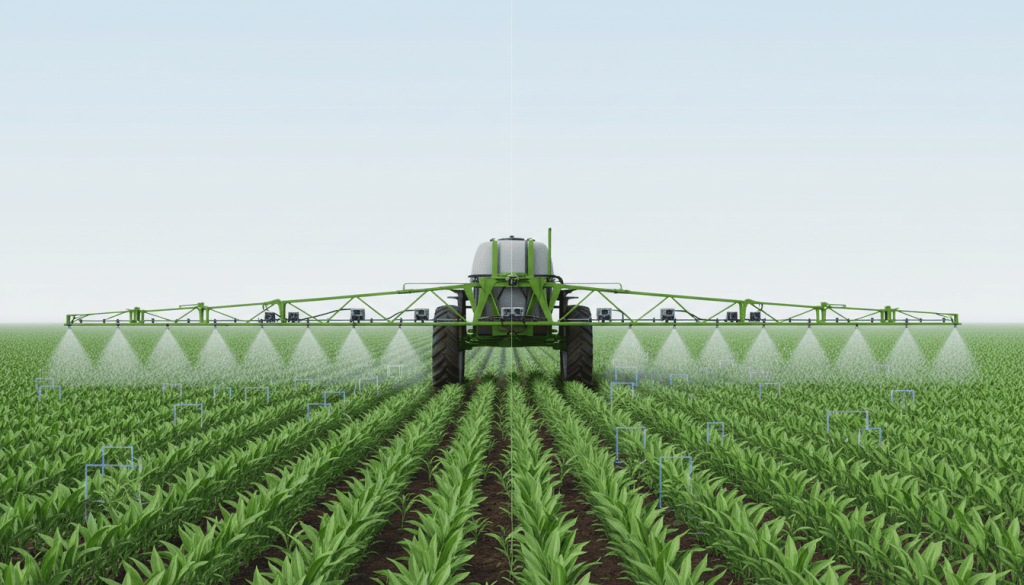 Illustrative camera-guided spray boom selectively treating weeds