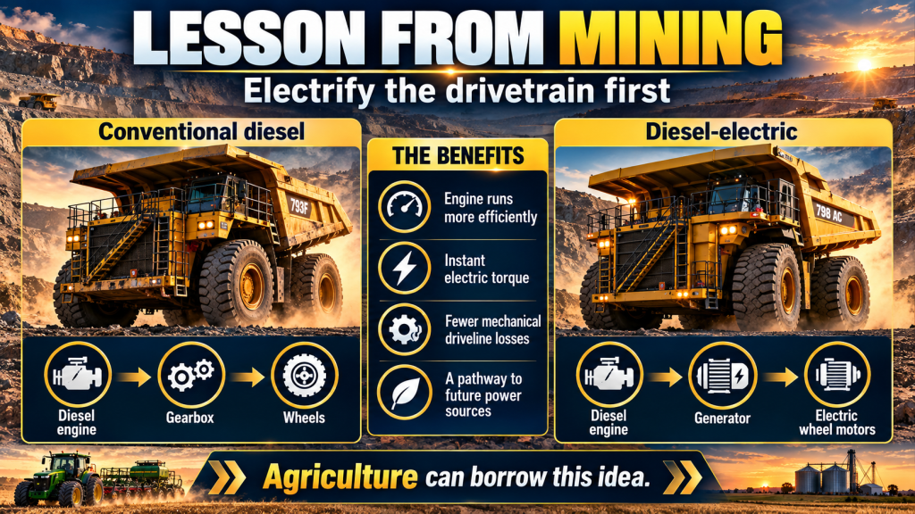 Infographic comparing conventional diesel haul trucks with diesel-electric haul trucks and showing how agriculture could borrow the electric drivetrain concept.