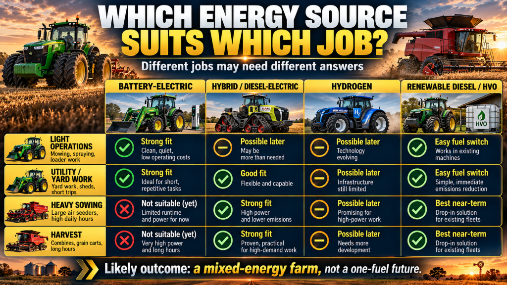 Infographic comparing battery-electric, hybrid diesel-electric, hydrogen and HVO for light operations, yard work, heavy sowing and harvest.