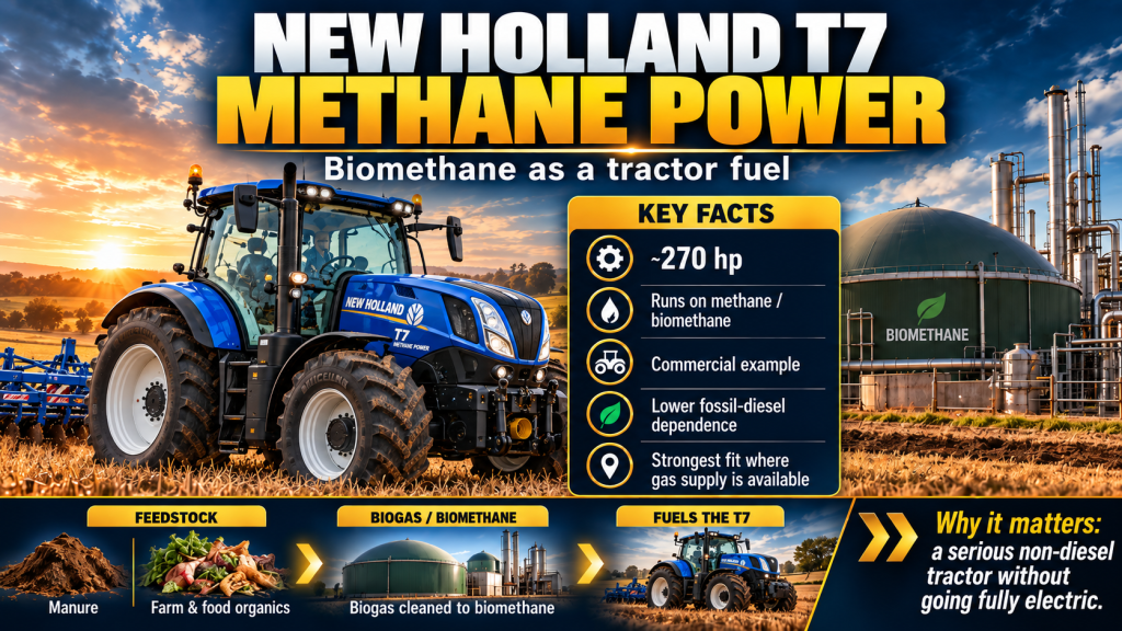 New Holland T7 Methane Power infographic showing biomethane feedstocks, gas production and a roughly 270 hp methane-powered tractor.