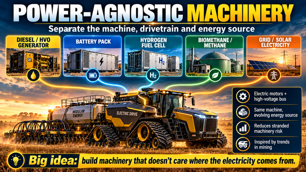 Power-agnostic farm machinery infographic showing an electric drivetrain supplied by diesel or HVO, batteries, hydrogen fuel cells, biomethane or grid and solar electricity.