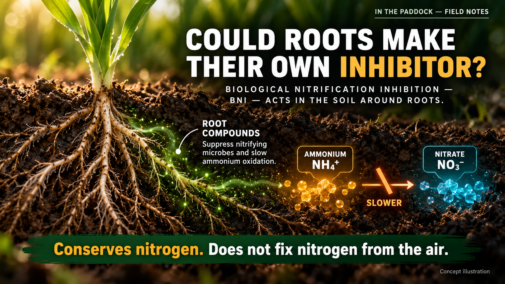 Illustration of wheat roots releasing compounds that slow ammonium conversion to nitrate.