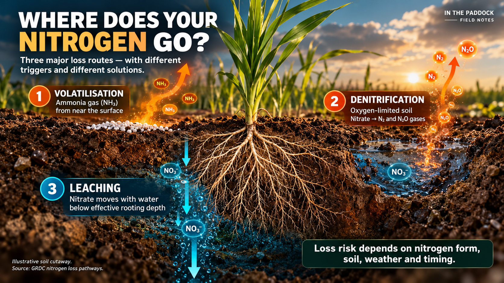 Three nitrogen loss pathways: ammonia volatilisation, denitrification and nitrate leaching.