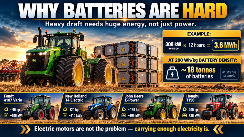 Graphic explaining why battery-electric tractors struggle with long-duration heavy draft work, including a 3.6 MWh illustrative energy requirement.