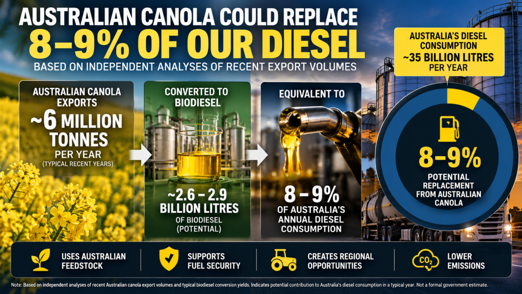 Infographic showing that recent Australian canola export volumes could theoretically replace roughly eight to nine percent of national diesel consumption if converted to biodiesel.