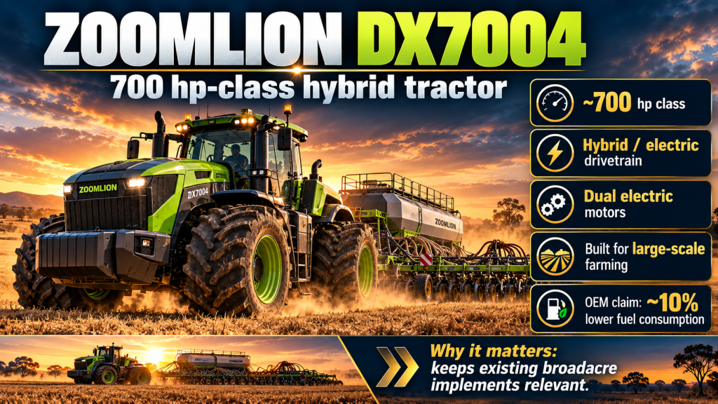 Zoomlion DX7004 hybrid tractor infographic showing approximately 700 hp class, hybrid electric drivetrain and large-scale farming application.