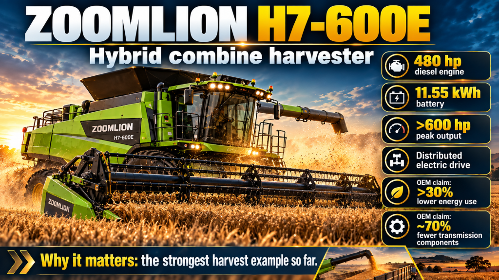 Zoomlion H7-600E hybrid combine infographic showing 480 hp diesel engine, 11.55 kWh battery and more than 600 hp peak output.